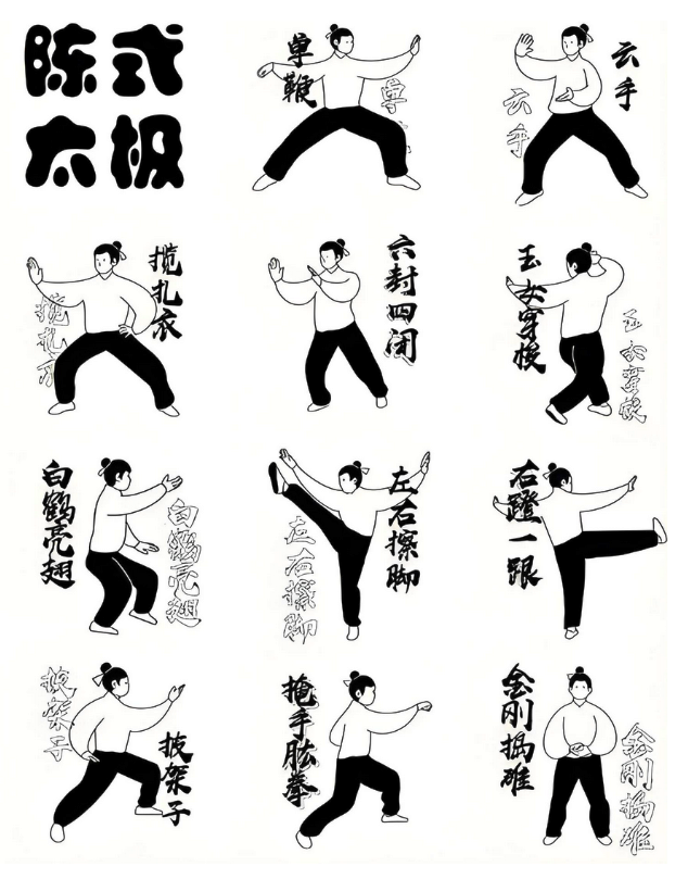 Современное схематическое изображение основных приемов тайцзицюань.