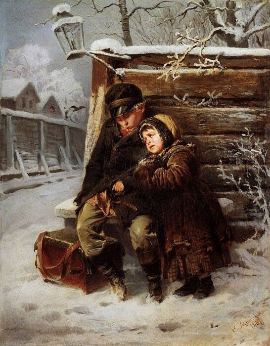 К. Маковский «Маленькие шарманщики у забора зимой», 1868