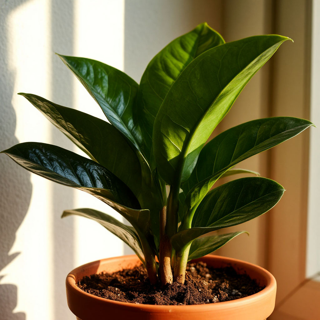 Замиокулькас («Долларовое дерево»)крупно мясистые листья в керамическом горшке
