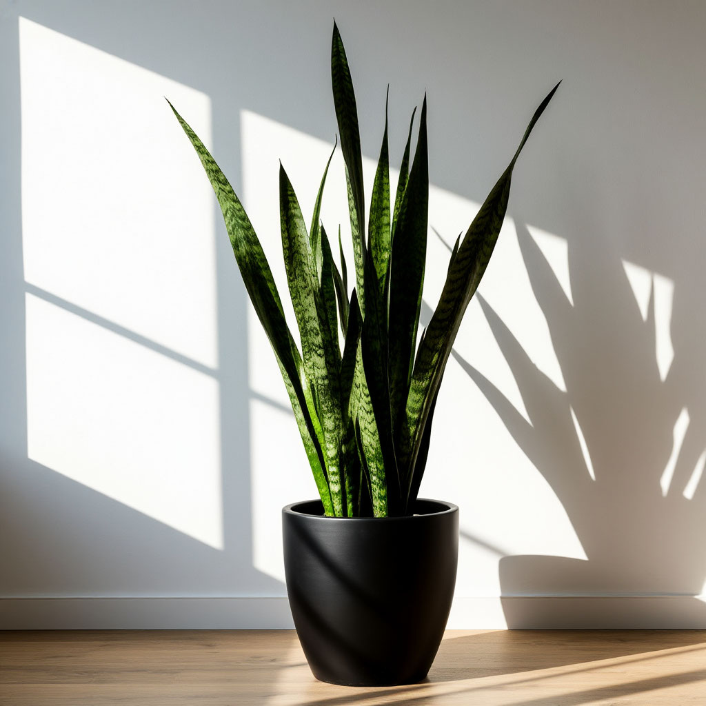  Сансевиерия («Тёщин язык») высокие мечевидные листья в строгом чёрном кашпо