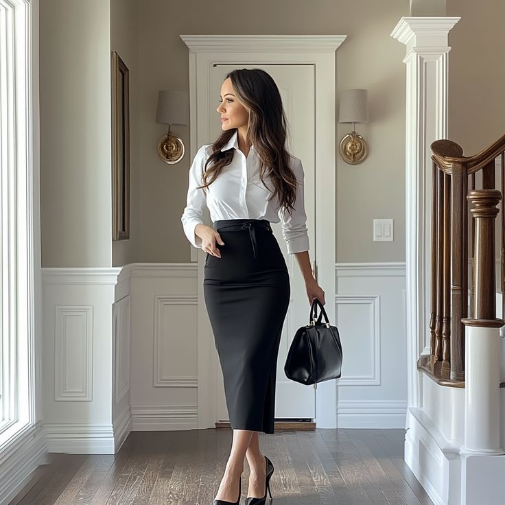 Приталенная белая рубашка в сочетании с юбкой-карандашом и остроносыми туфлями
