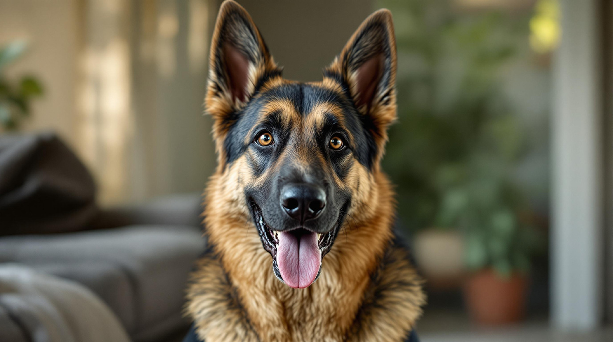 Немецкая овчарка с дружелюбной улыбкой дома, символ верности, семейного уюта и любви к питомцу.