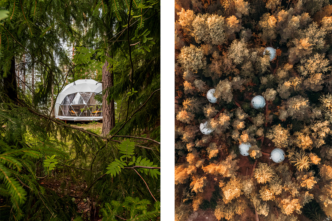 В стильных полусферах с панорамными окнами есть печь-камин, тёплые полы, биотуалет, кухонные принадлежности и мангальная зона.