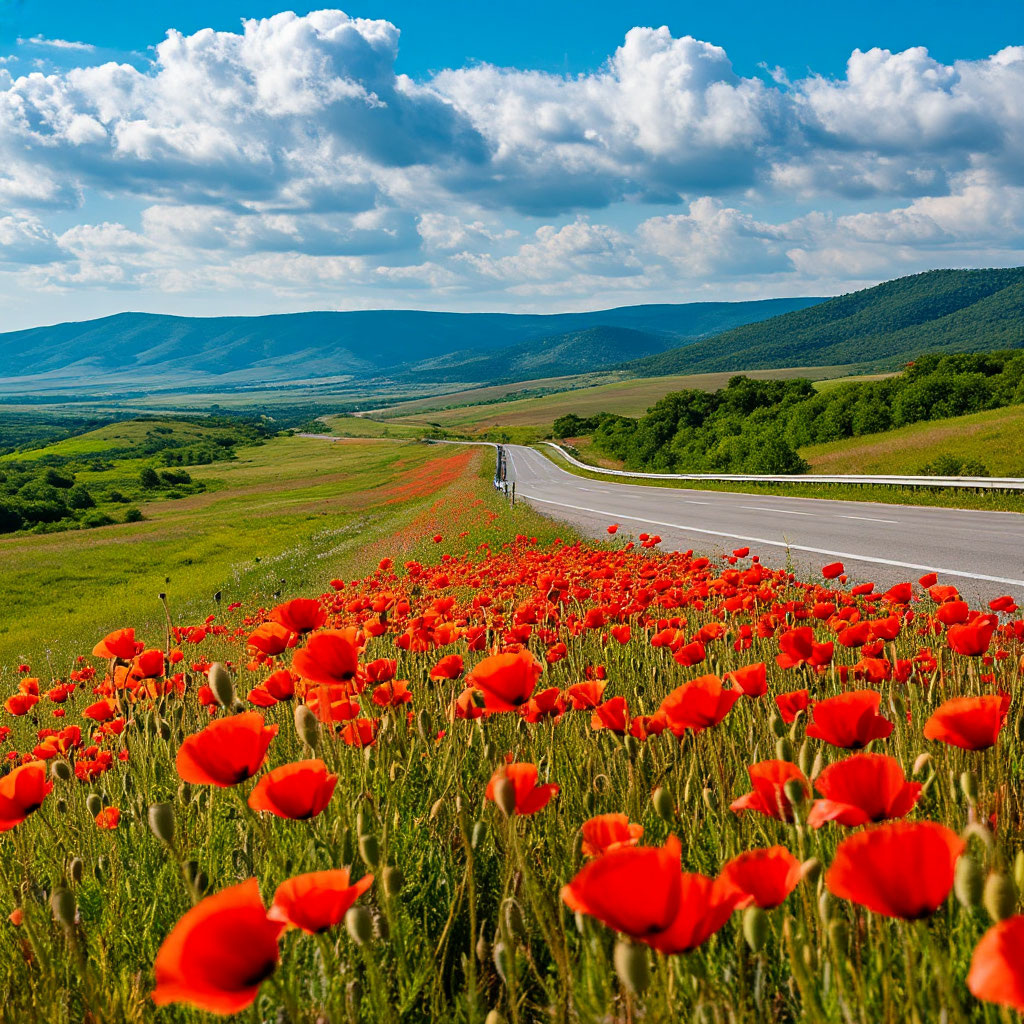золотые волны солнечных лучей мягко касались лепестков алых маков, превращая лужайки в живописные ковры цвета зарождающегося огня
