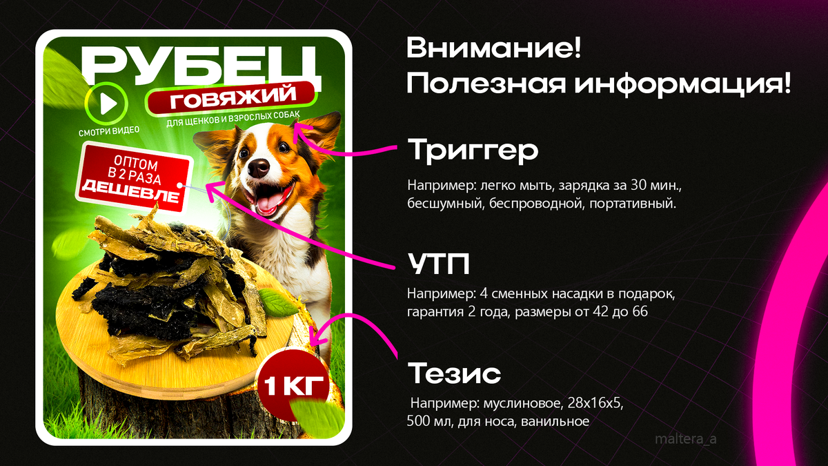 Примеры Тезисов, триггеров и УТП. Инфографика взята из моего портфолио