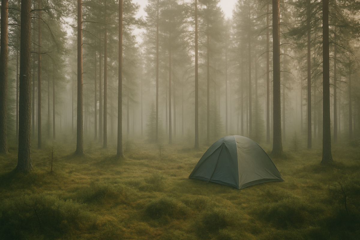 Первое утро в лесу: тишина, мох под ногами, туман между соснами.