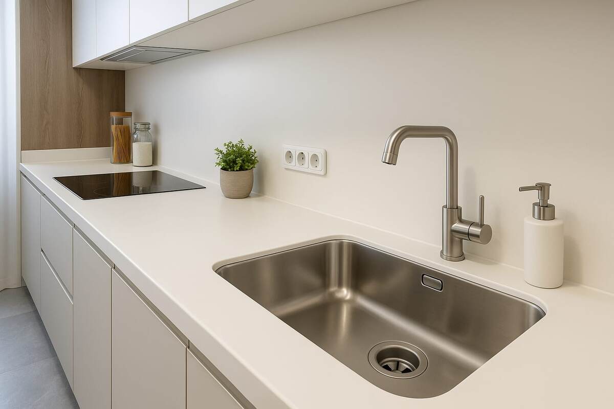 столешница со стеновой панелью из акрилового камня белого цвета