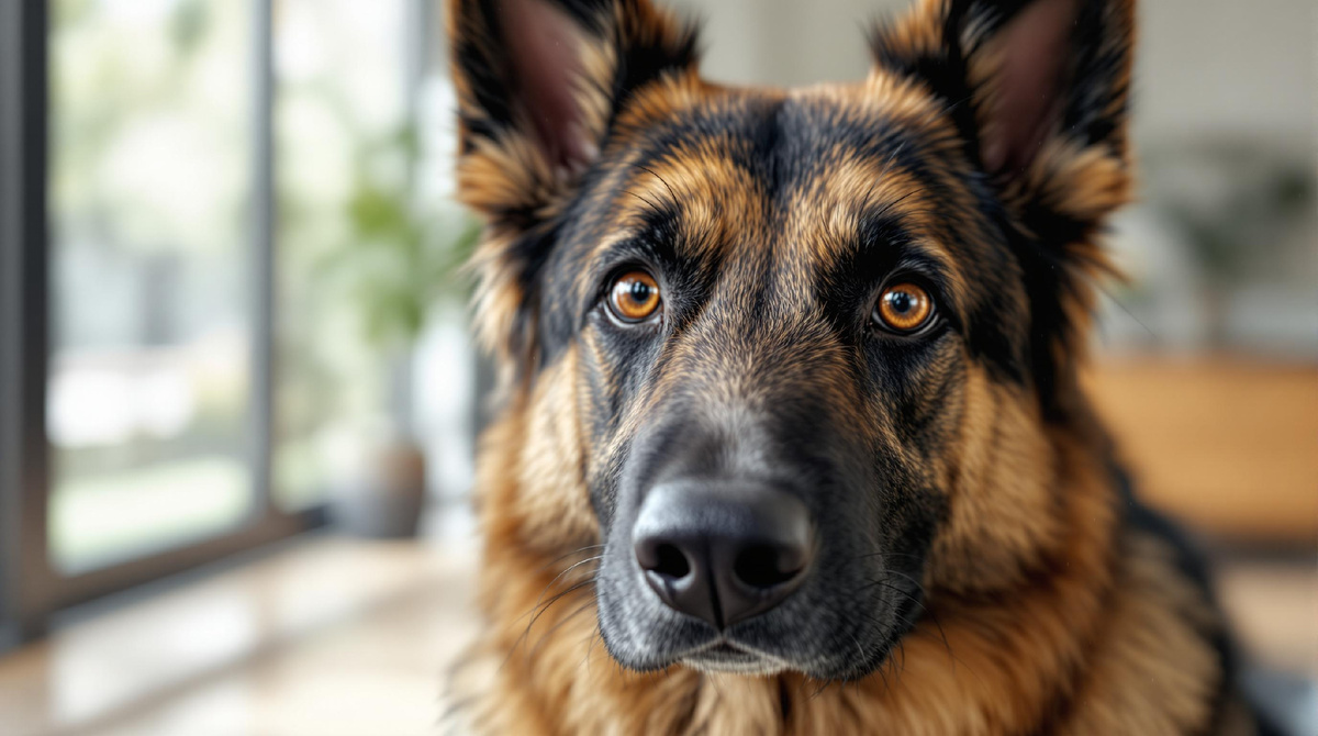 Крупный план собаки, немецкая овчарка, выразительные глаза, домашний питомец, доверие и дружелюбие.