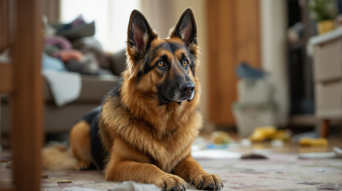 Порода немецкая овчарка, домашний питомец, собака на полу в уютной гостиной, доверие, дружелюбие, размышляющая собака.