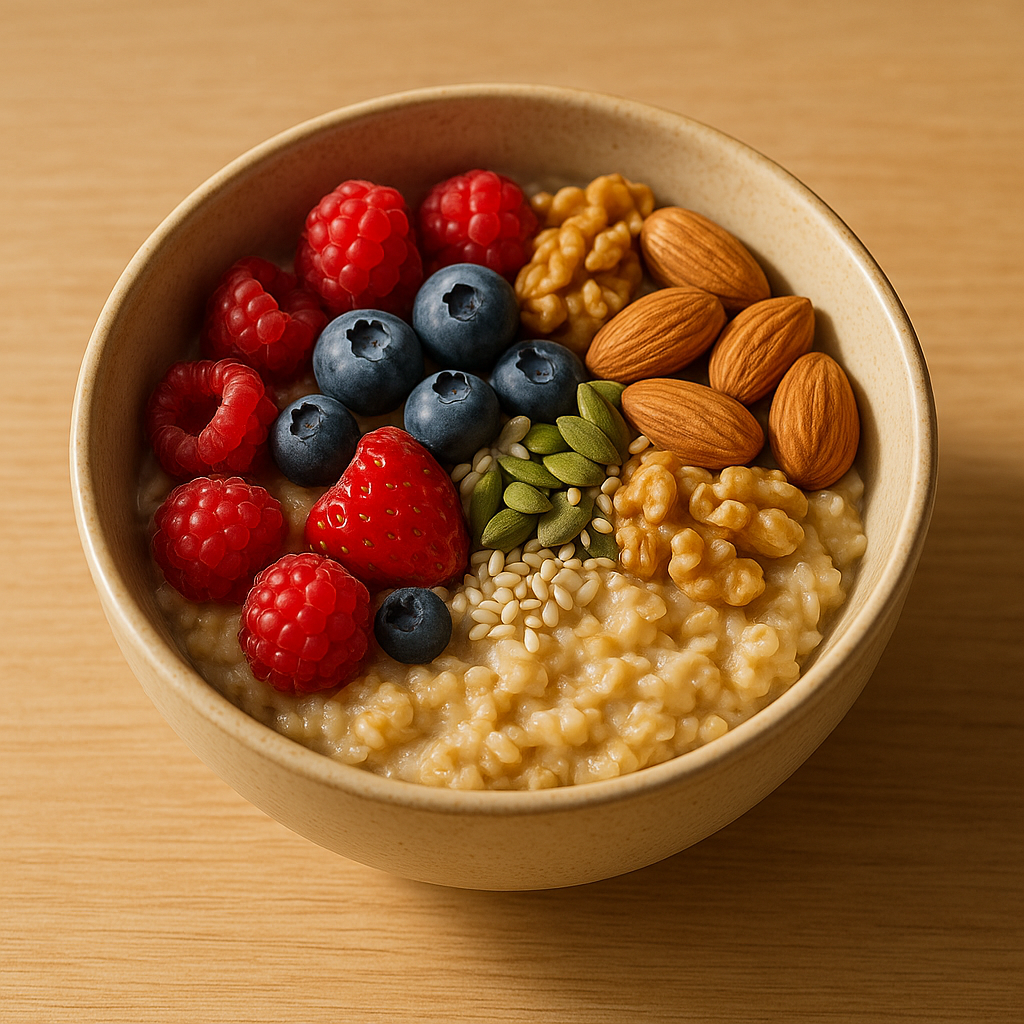 Полезный завтрак, богатый клетчаткой — овсянка с ягодами и орехами