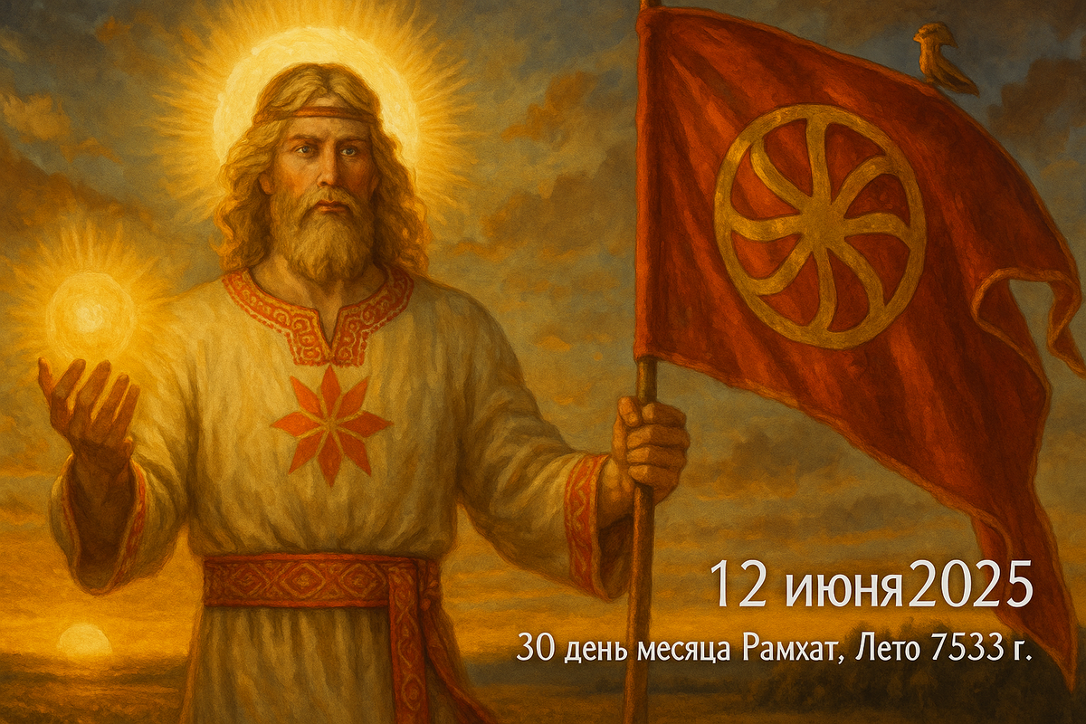 Даждьбог идёт над миром, в его ладони — Солнечный Дар, а за его спиной — огненное знамя Рода.