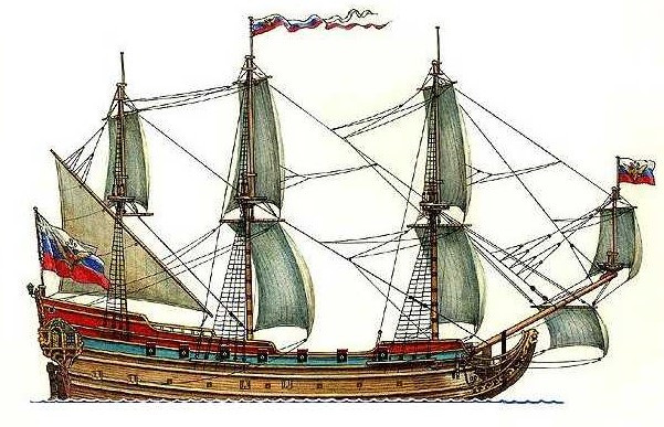 Современные реконструкции корабля/фрегата «Орел» — с вариантами крестообразного флага и более привычного нам триколора с гербовым двуглавым орлом.