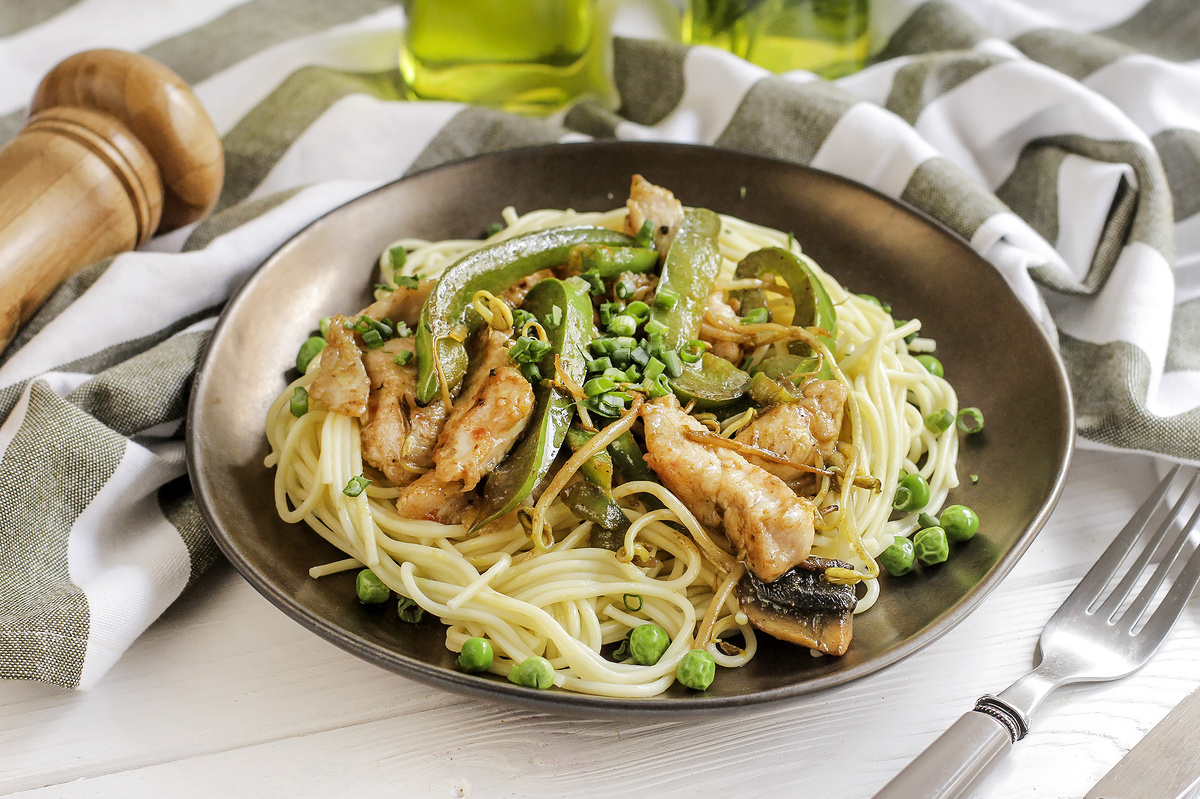 Индейка карри с яичной лапшой и грибами