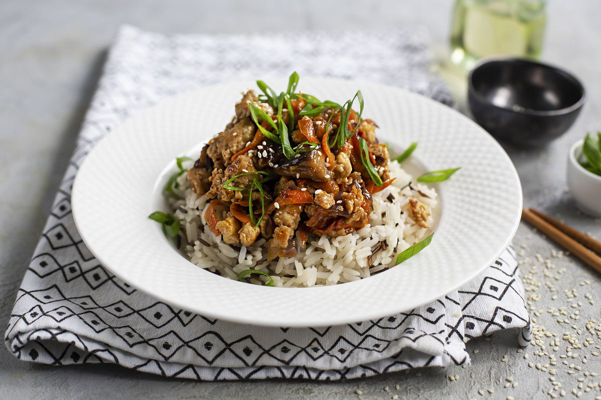 Индейка в соусе Терияки с рисом и грибами шиитаке