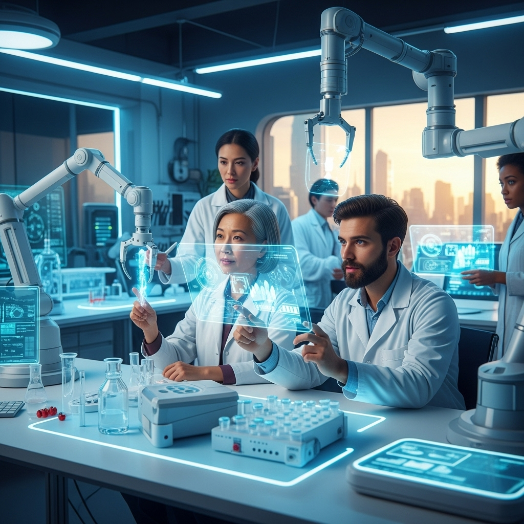 Обнадеживающее и футуристическое изображение ученых, работающих над лекарством от старения, с передовыми технологиями и чувством оптимизма