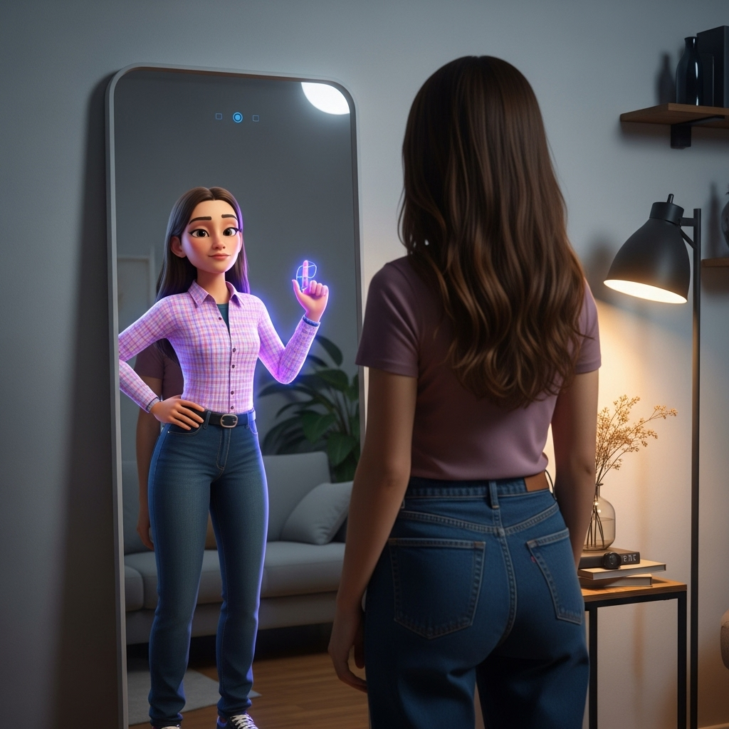 Метафорическое изображение зеркала, отражающего человека, но отражение - цифровой аватар с немного другим выражением лица или позой, символизирующий создание цифрового "я"