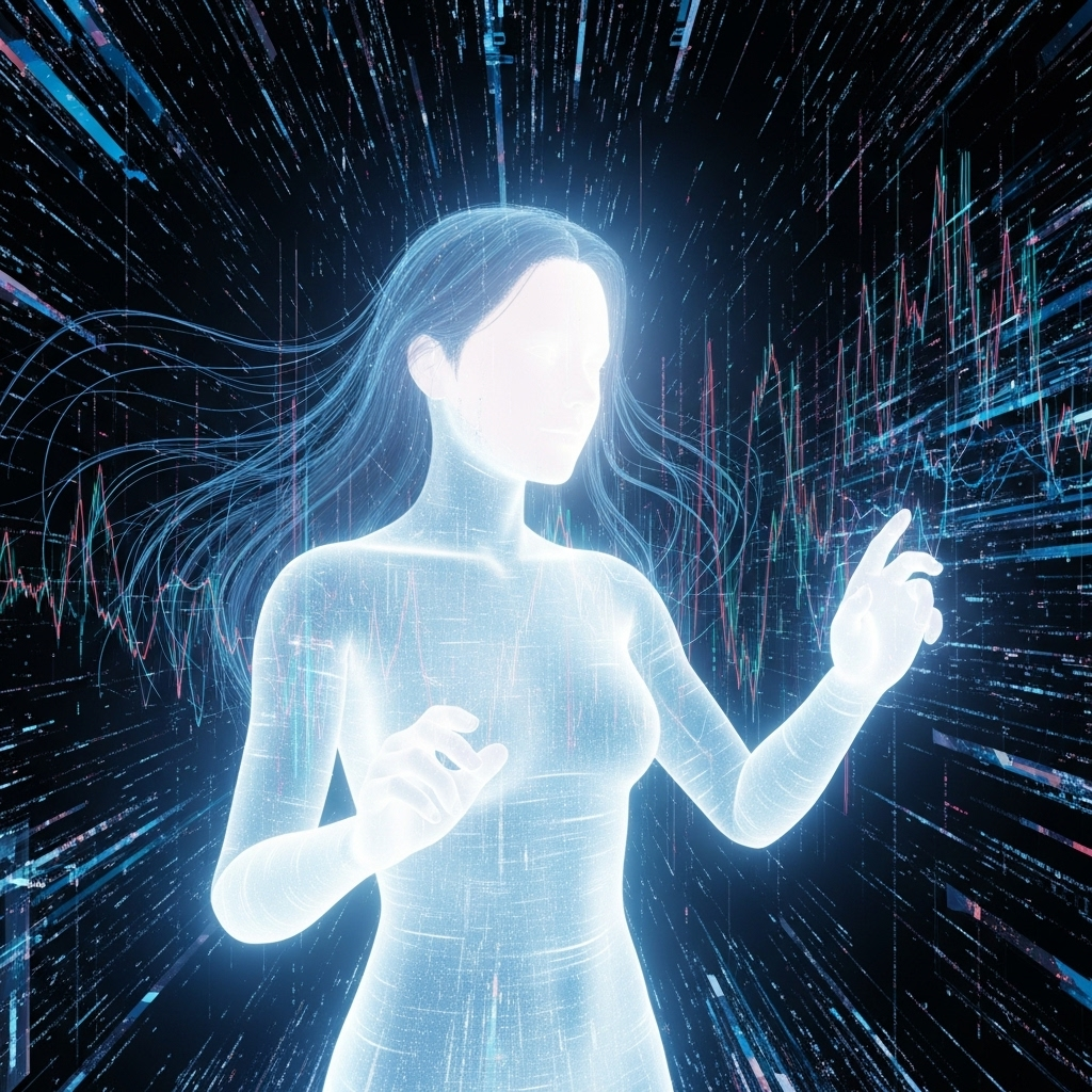 Футуристичное и абстрактное изображение цифрового двойника, показывающее светящуюся, неземную человеческую фигуру, взаимодействующую со сложной сетью данных и кода