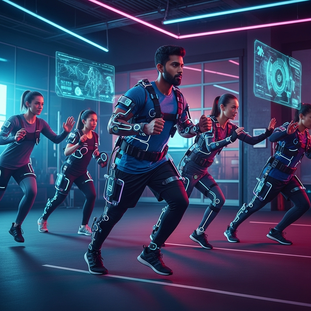 Концептуальное изображение, показывающее спортсменов, расширяющих границы человеческих возможностей с помощью передовых технологий, с акцентом на синергию между спортсменом и оборудованием