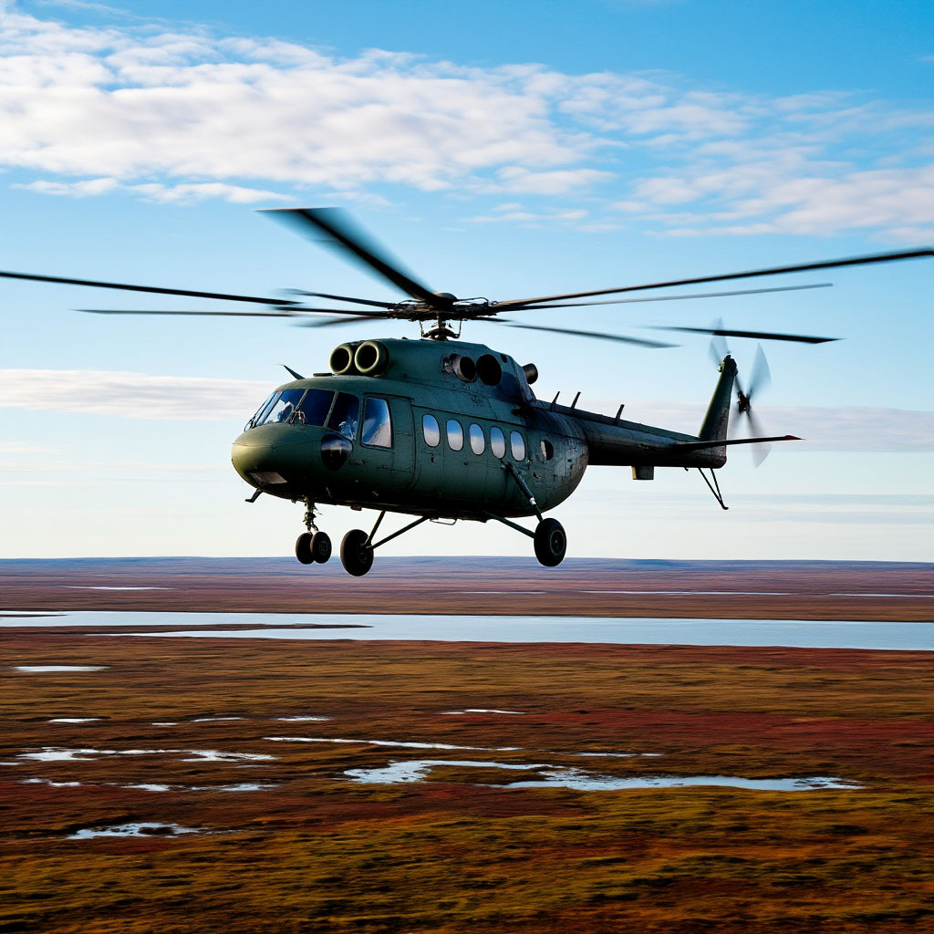 Вертолет МИ-8 над тундрой
