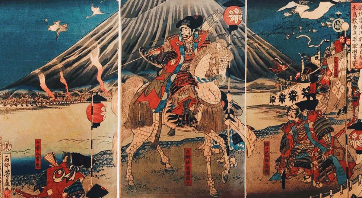 Утагава Ёситора. Водоплавающие птицы в битве при Фудзикаве. Японская гравюра, 1885 г.