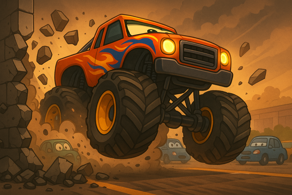 Это был ГИГА-ТРАК, огромная машина - его колёса были выше пожарной машины, капот - как большой грузовик, а выхлопные трубы пыхтели густым дымом и огнём.