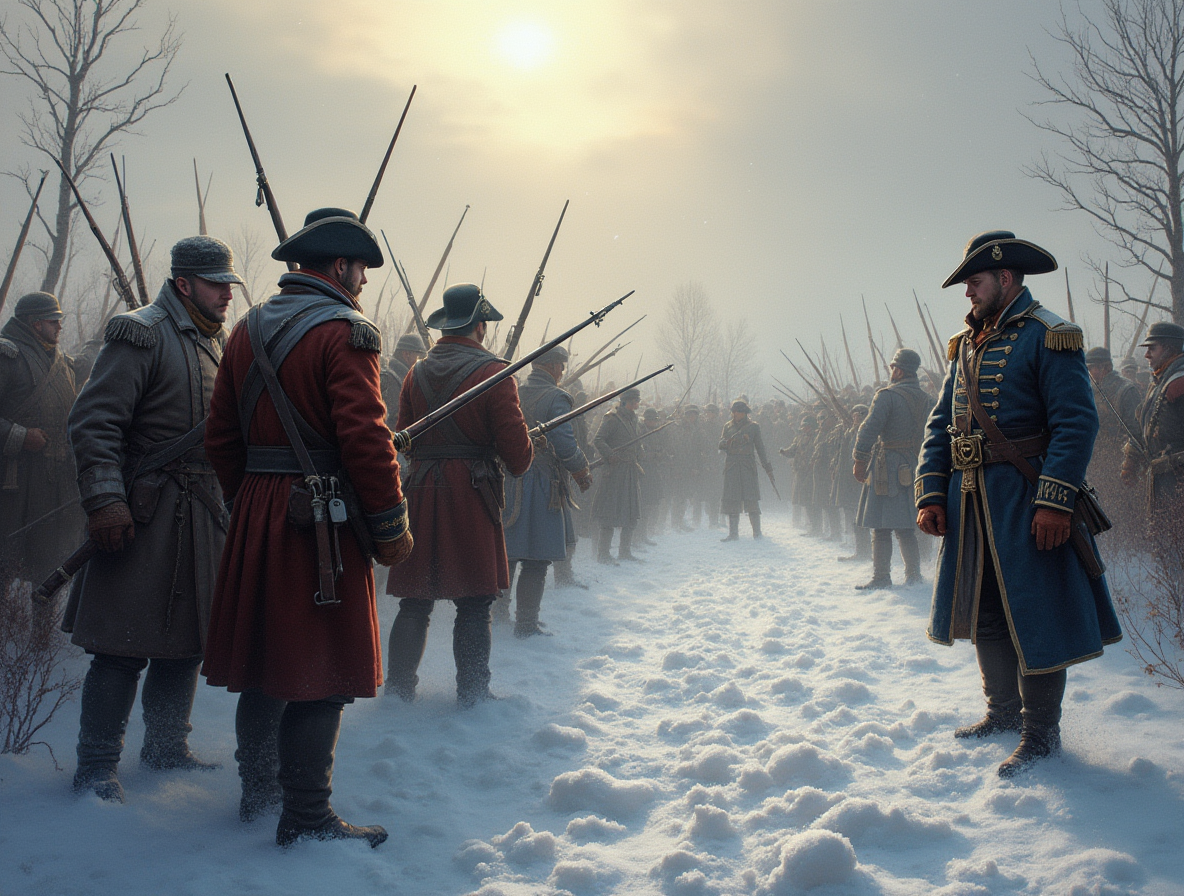 Солдаты Суворова тренируются в зимнем военном лагере XVIII века
