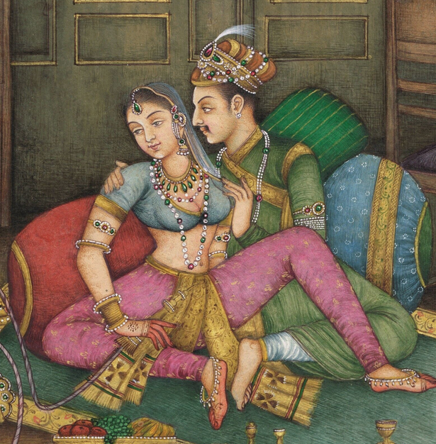 Кама – это страстное влечение, сосредоточенное на чувственных отношениях с противоположным полом.  Любовная сцена. Могольская миниатюра / ebay.com