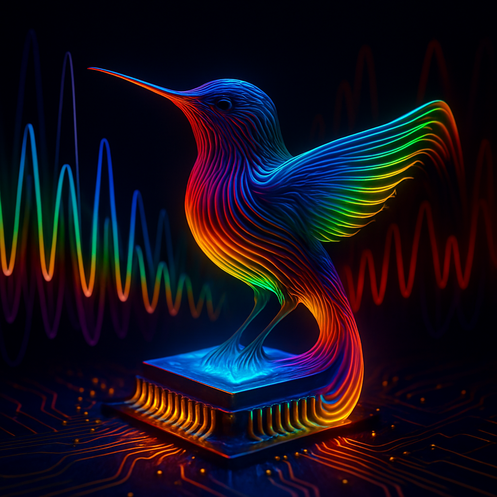Радужный звуковой вихрь превращается в колибри, сидящую на светящемся микрочипе — метафора молниеносной и эмоционально-гибкой TTS-модели Chatterbox.