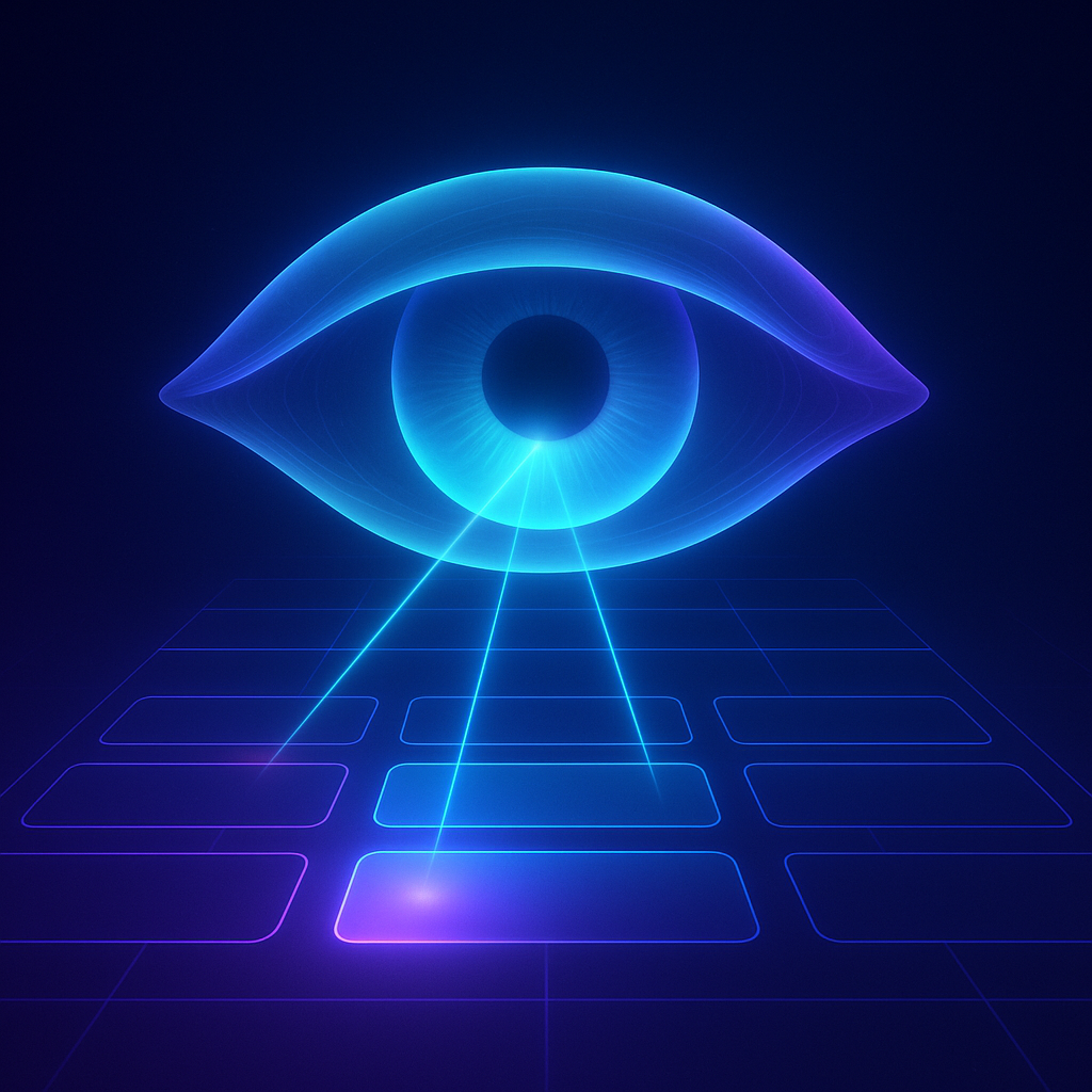 Парящая неоновая «хрустальная» радужка посылает лучи взгляда на ряды светящихся кнопок — визуальный образ взаимодействия глазами в проекте Eyesite.