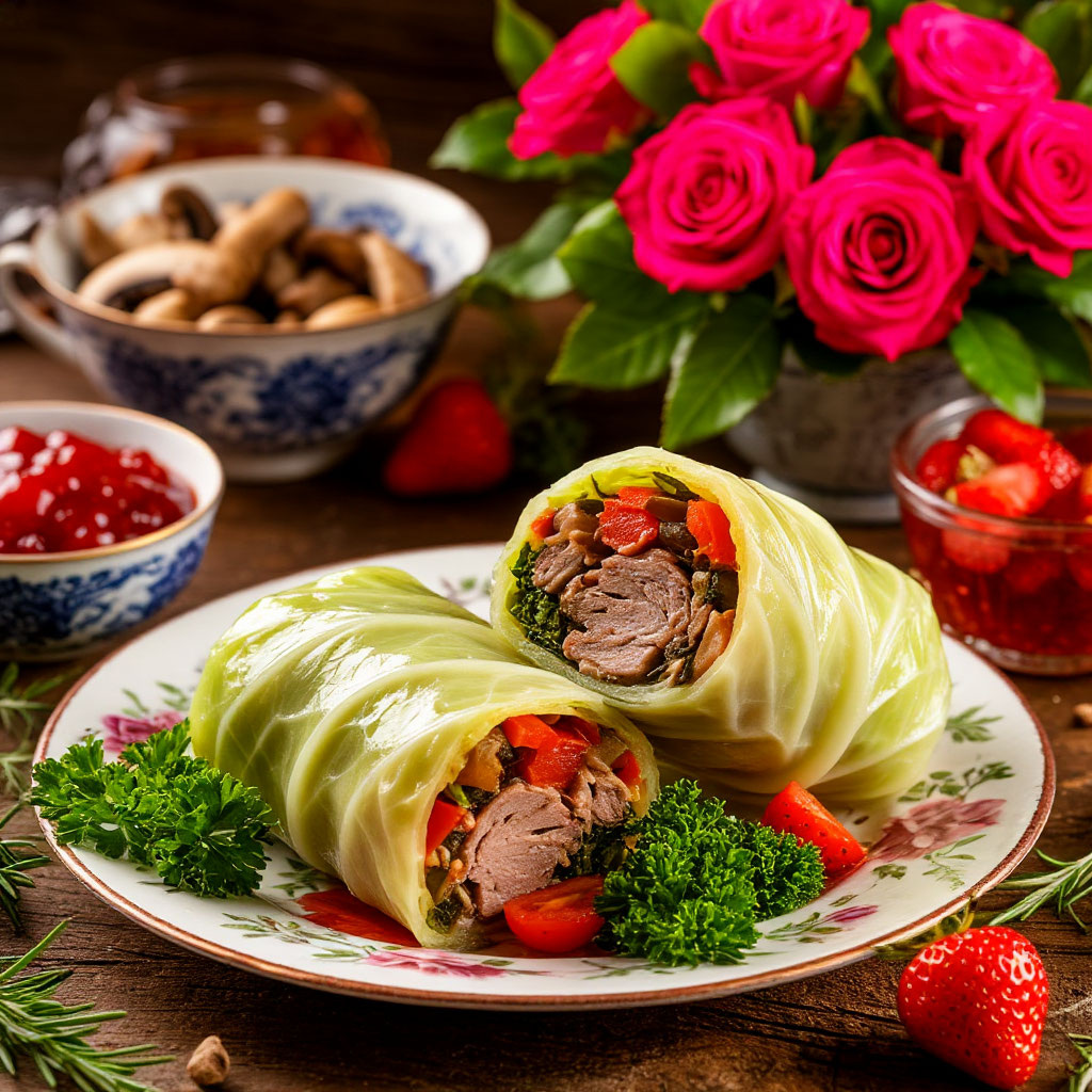 ужин — те самые голубцы с крольчатиной, грибочками и  овощами.Никаких изысков, никакого суперменю)