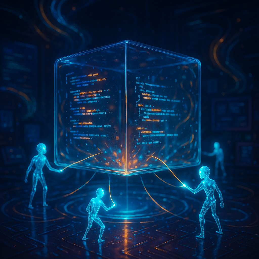 Куб парящего кода, опутанный световыми нитями, которыми управляют сияющие микро-агенты-программисты — визуальный символ кооперации LLM-агентов в разработке.
