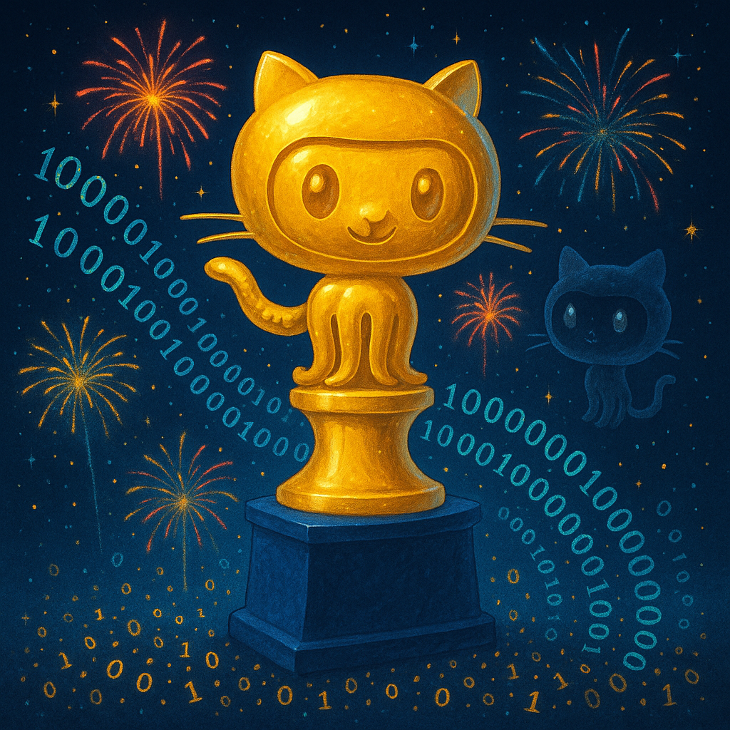 Золотой «Октокот» на пьедестале в фейерверках и водопаде из единиц-нуля — праздничный гимн миллиардному репозиторию на GitHub.