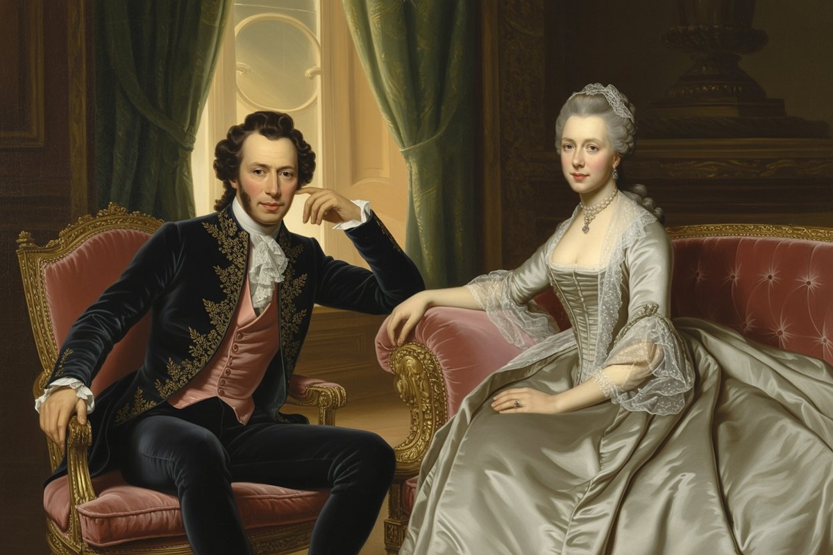 Слегка осовремененные Пушкин и Екатерина II, расположившиеся на мебели Гамбса