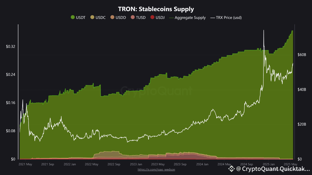 USDT (обозначен зеленым) уверенно лидирует среди всех стейблкоинов, да и TRX (белым) тоже показывает неплохой рост 