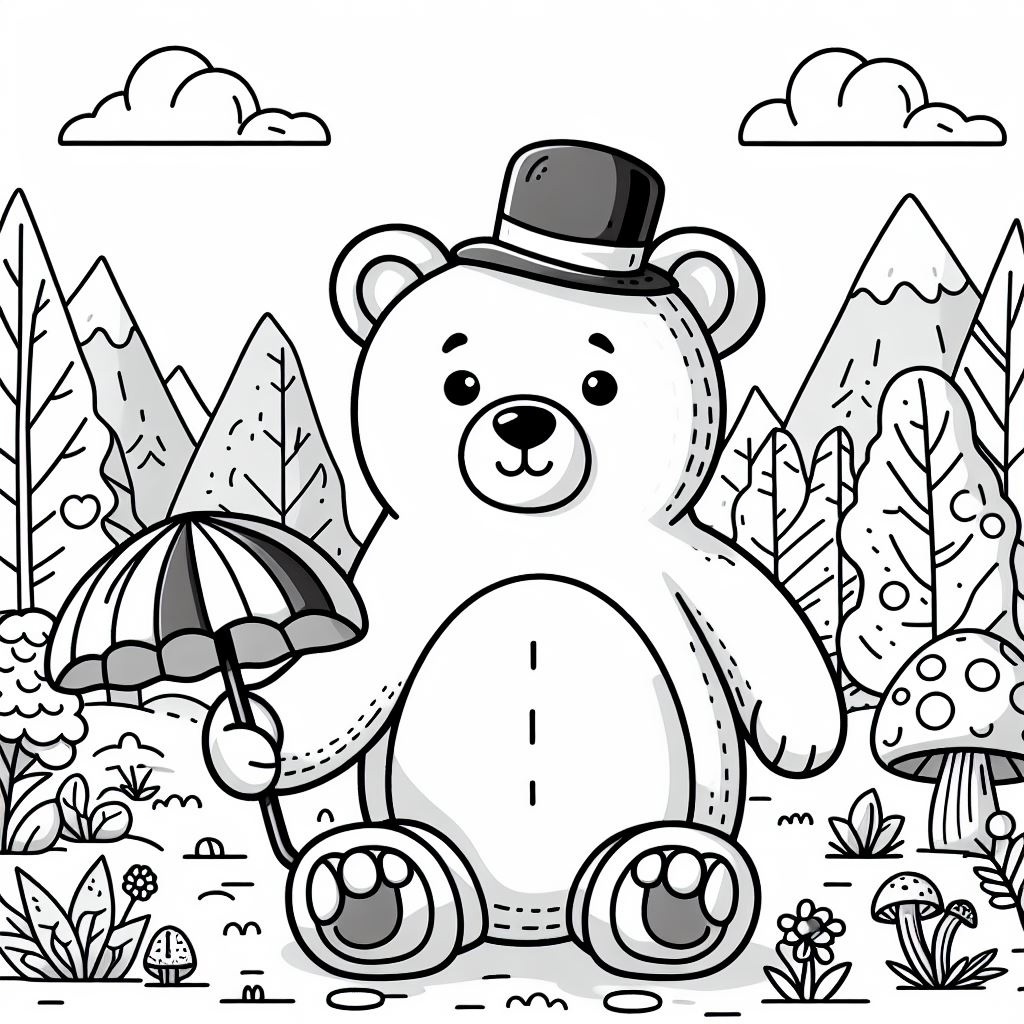 Раскраска мишка с зонтиком на поляне
