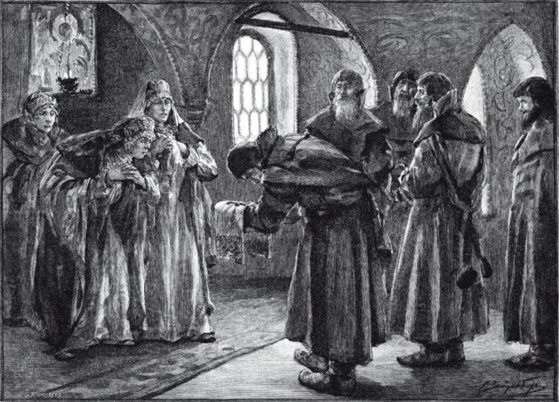 Послы ханских князей подносят жене и матери плененного татарами великого князя его тельный крест. Иллюстрация журнала "Нива".