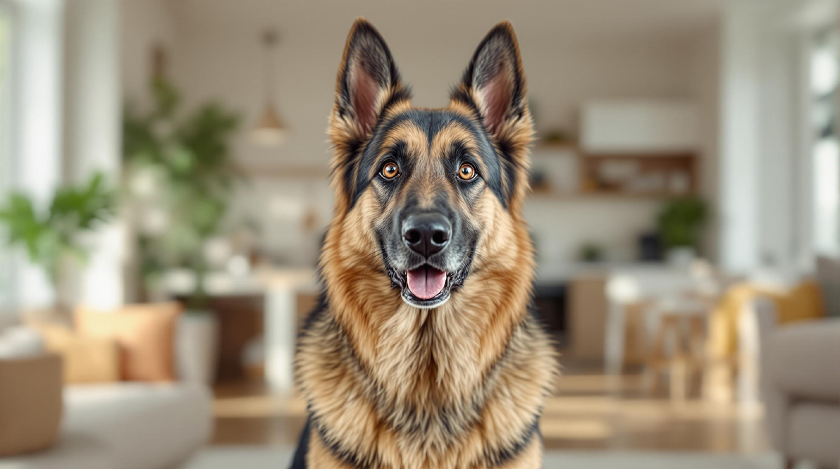 Домашний немецкая овчарка, крупный план, дружелюбие и доверие, уютный интерьер, питомец дома.