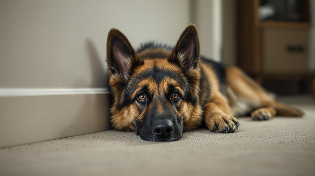 Домашняя немецкая овчарка, лежит на полу, выражение недоверия и неспокойствия, уютный интерьер, питомец дома.