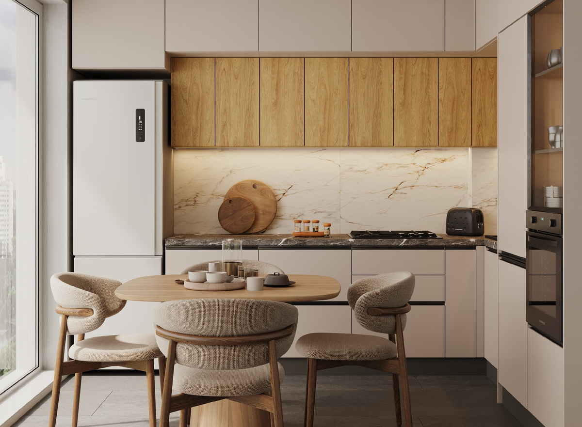 Кухонный гарнитур с фасадами Supramat (AGT). 3D-визуализация реализованного проекта "Шеф Кухни"