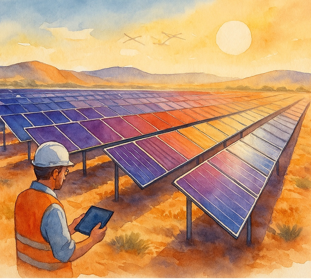 2025©dzen.ru/ophidia Тандем-панели в пустыне  
   • Широкий ракурс — ряды тонких право-красочных панелей с градиентом от фиолетового (перовскит) к серебристому (кремний).  
   • На переднем плане — инженер с планшетом, за солнцем — схематические гелиотракторы.  
