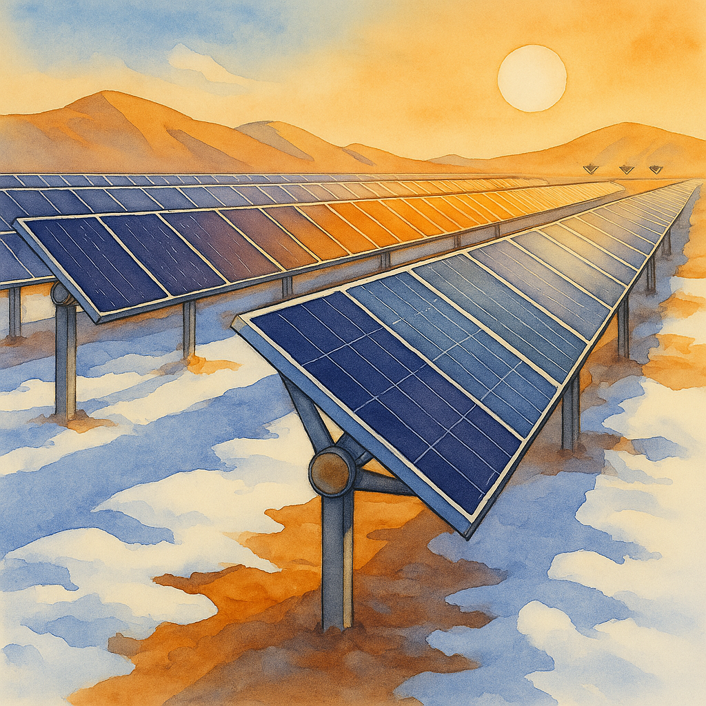 2025©dzen.ru/Ophidia Бифациальный массив с трекерами  
   • Панели на опорах со вращающимися узлами, взгляд сбоку и сверху.  
   • Тень и отражение земли (песок, снег) играют контрастными цветами.  