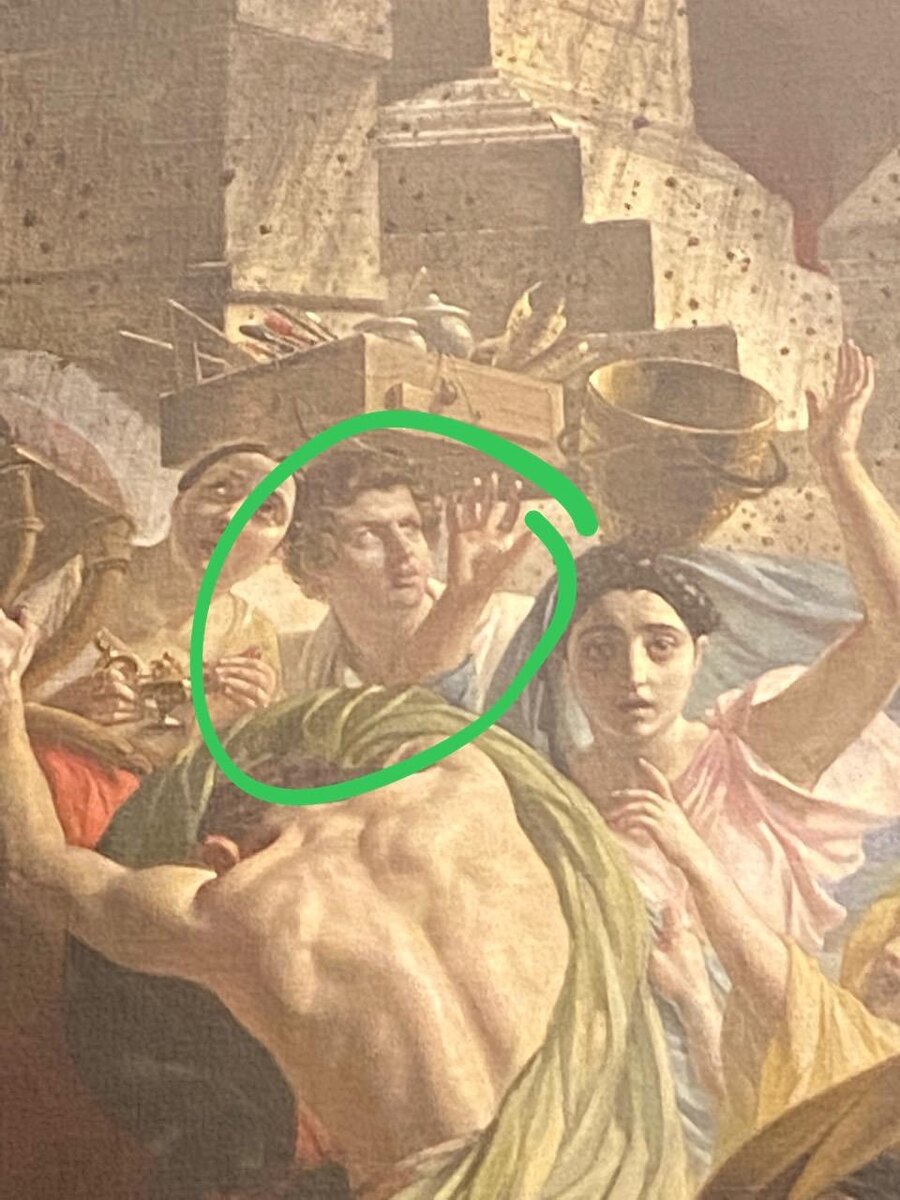 Группа людей у храма, среди них, художник изобразил себя с коробкой кистей