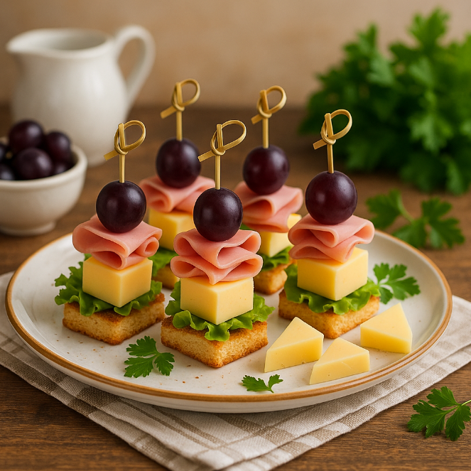 Канапе с ветчиной, сыром и виноградом рецепты от Дарики
