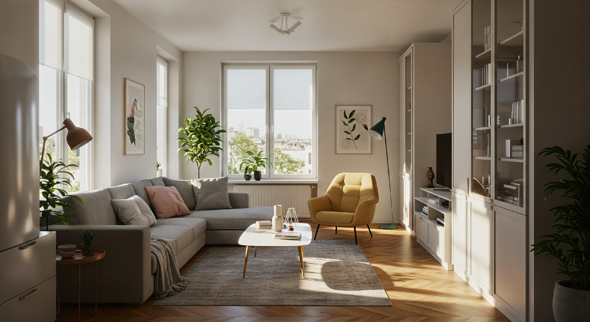 Компактная квартира с грамотной расстановкой мебели — крупные предметы у стен, центр свободен, максимум света и простора.