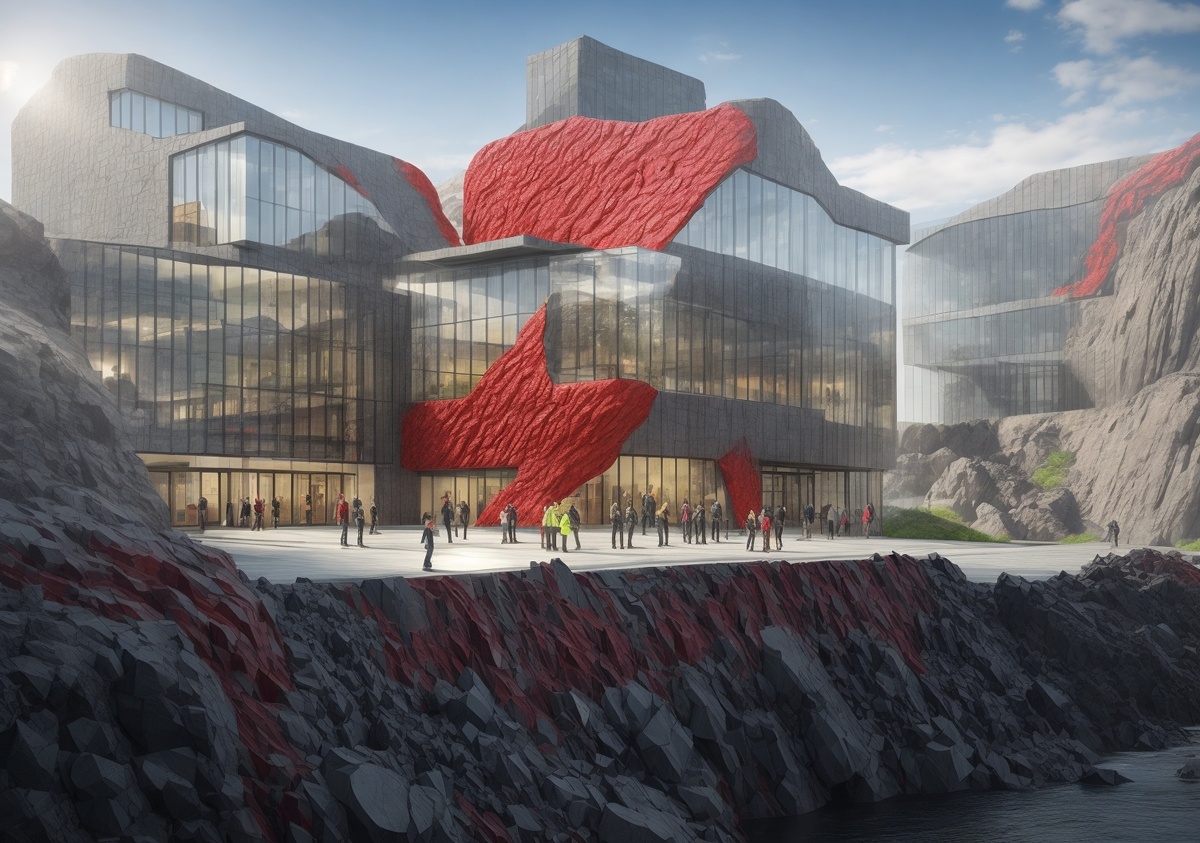 Generated in Leonardo AI. Prompt: Create a facade for museum of Kamchatka island. Use water, rocks, vulcanos, glass in the building. Add rocks and red lava on facade. Parametric st