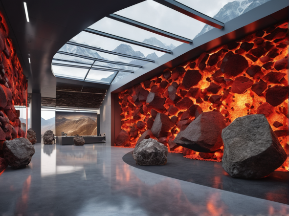 Promeai. Prompt: Create a modern interior for the gallery of Kamchatka. Use red and light blue colours. Use rocks and glass