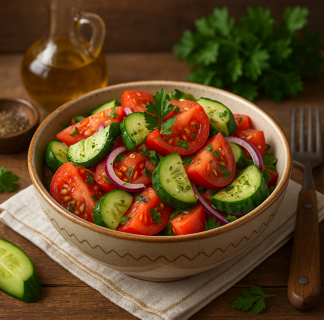 Салат из огурцов и помидоров с луком и маслом рецепты от Дарики