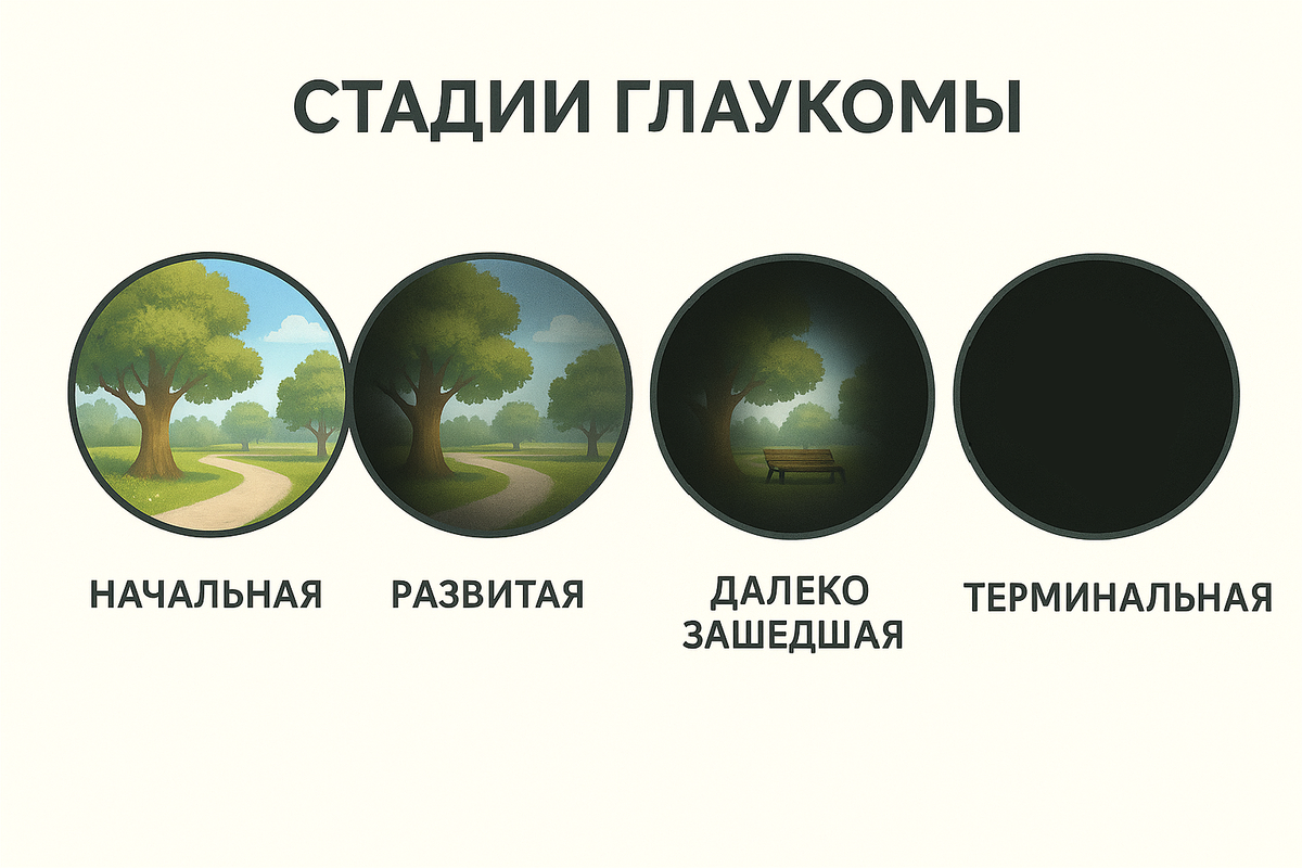 В зависимости от сужения периферического зрения, у глаукомы имеются стадии. В терминальной происходит полная потеря зрения