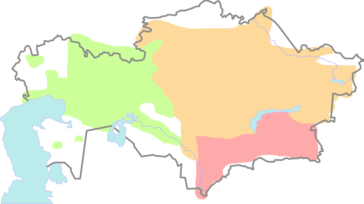 Примерные территории кочевий казахских жузов в начале XX в.: зелёный цвет — Малый Жуз, оранжевый цвет — Средний Жуз, розовый цвет — Старший Жуз. Википедия.