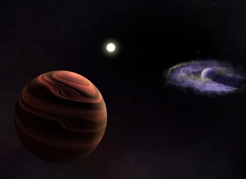 Художественное представление системы YSES-1, состоящей из звезды, похожей на Солнце, возрастом около 16 млн лет в центре, YSES-1 b и ее пылевого околопланетного диска (справа) и YSES-1 c с силикатными облаками в атмосфере (слева).